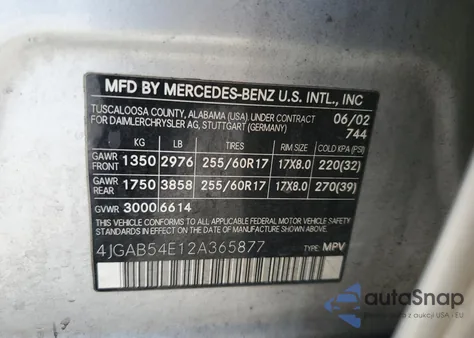 2002 Mercedes-Benz Ml 320 из США, поврежденный, VIN 4JGAB54E12A365877